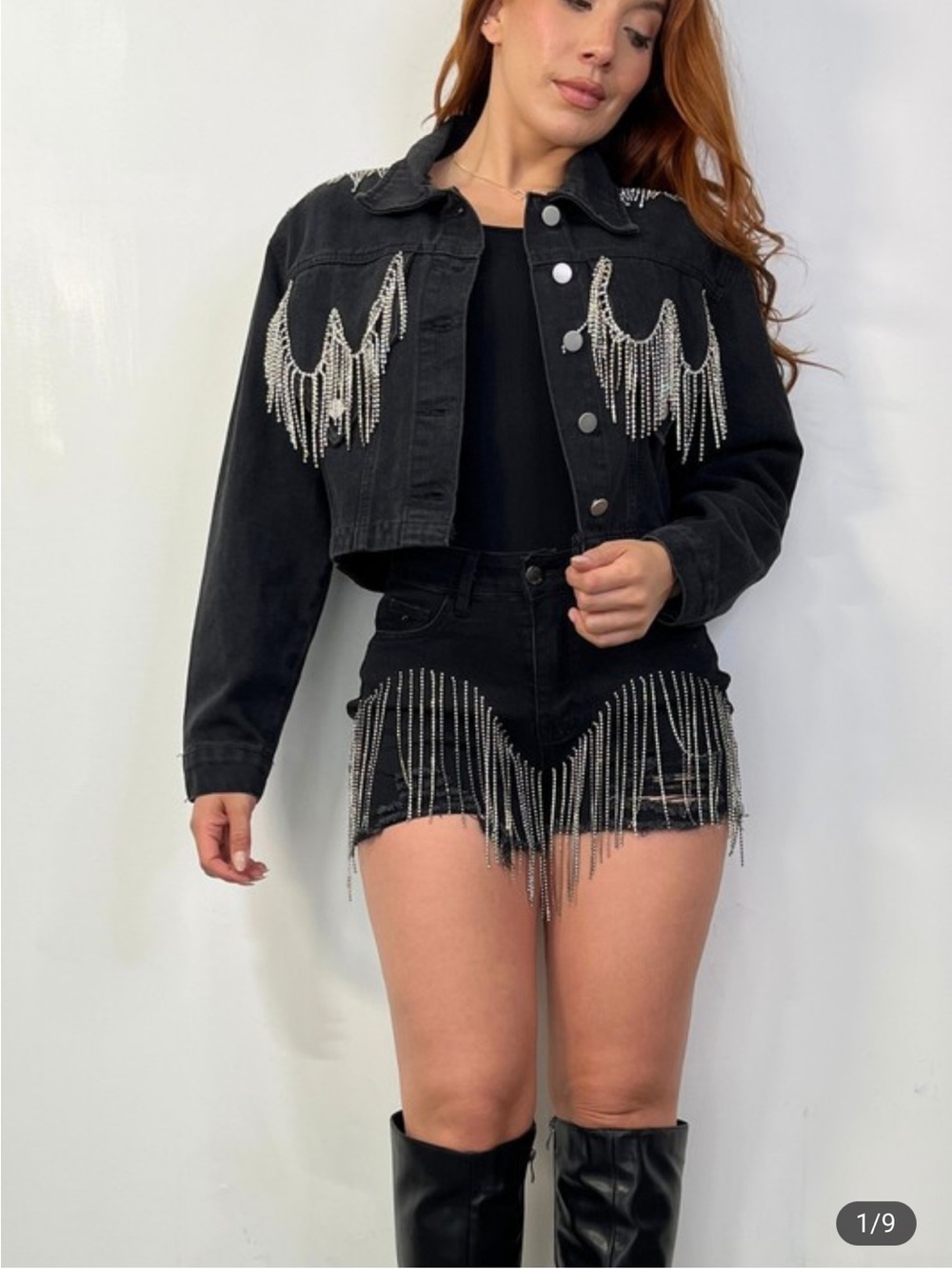 Black Denim Fringe Rhinestone Jacket & Shorts Set